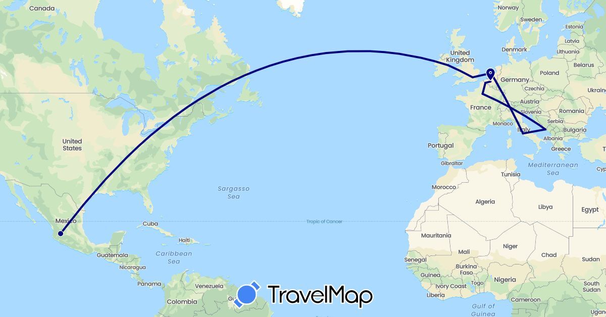 TravelMap itinerary: driving in Belgium, France, United Kingdom, Croatia, Ireland, Italy, Mexico, Netherlands (Europe, North America)
